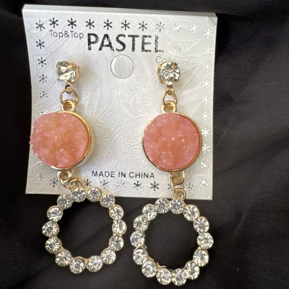Pastel Faux Pink Stone Crystal Gold Rhinestone Earrings Dangle Drop Party NEW
